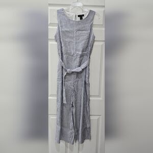 Tahari Navy and White Striped Sleeveless Cropped Jumpsuit